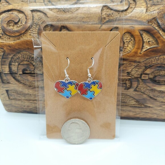 Autism Awareness Earrings Puzzle Piece Heart School Teacher - Picture 2 of 2